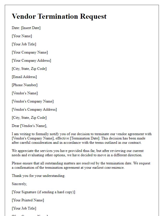 Letter template of formal vendor termination request.