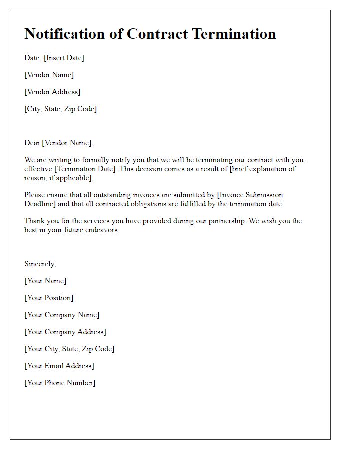 Letter template of notification for ending vendor contract.