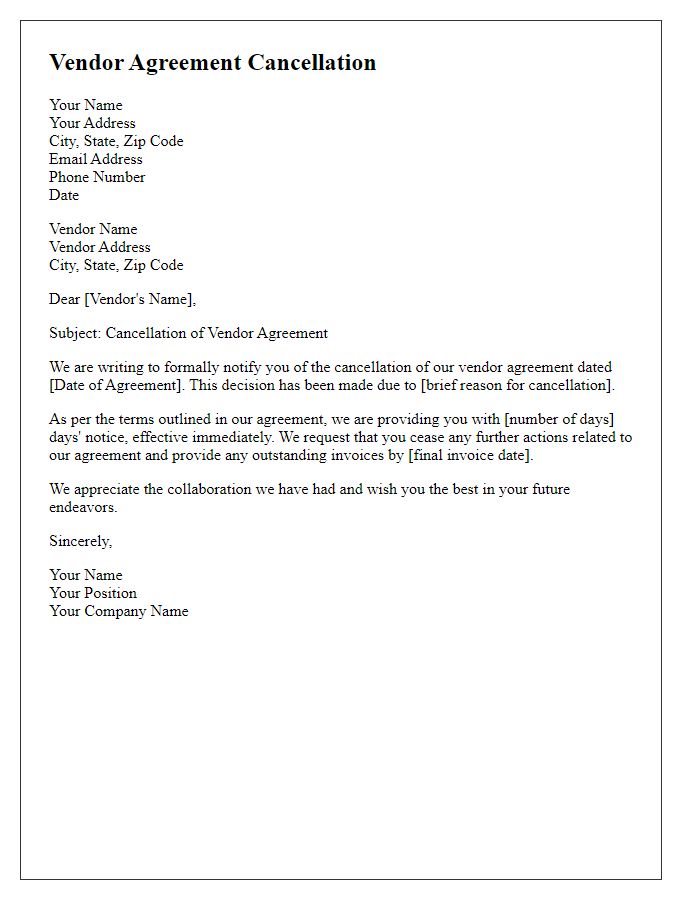 Letter template of vendor agreement cancellation.