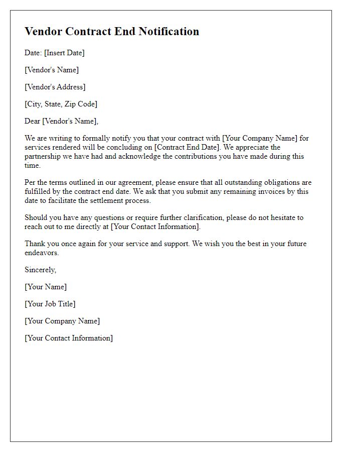 Letter template of vendor contract end notification.