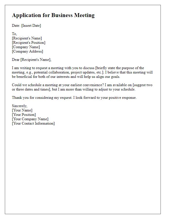 Letter template of application for a business meeting