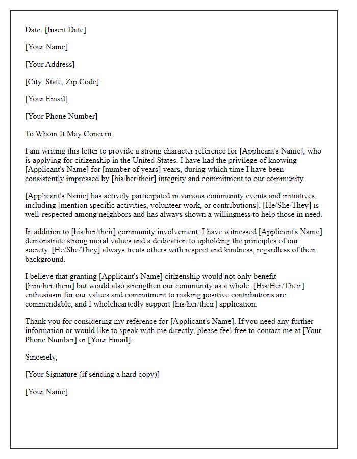 Letter template of community character reference for citizenship petition