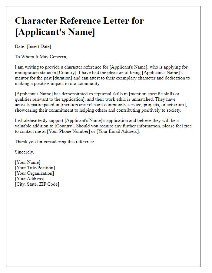 Letter template of mentor character reference for immigration review