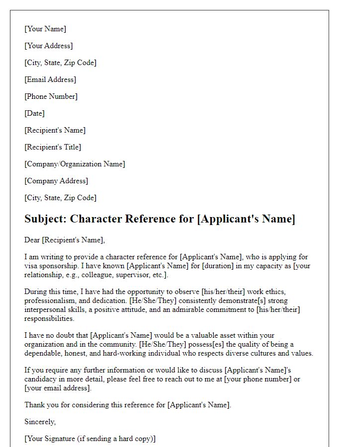 Letter template of professional character reference for visa sponsorship