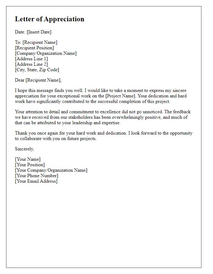 Letter template of appreciation for project completion feedback.