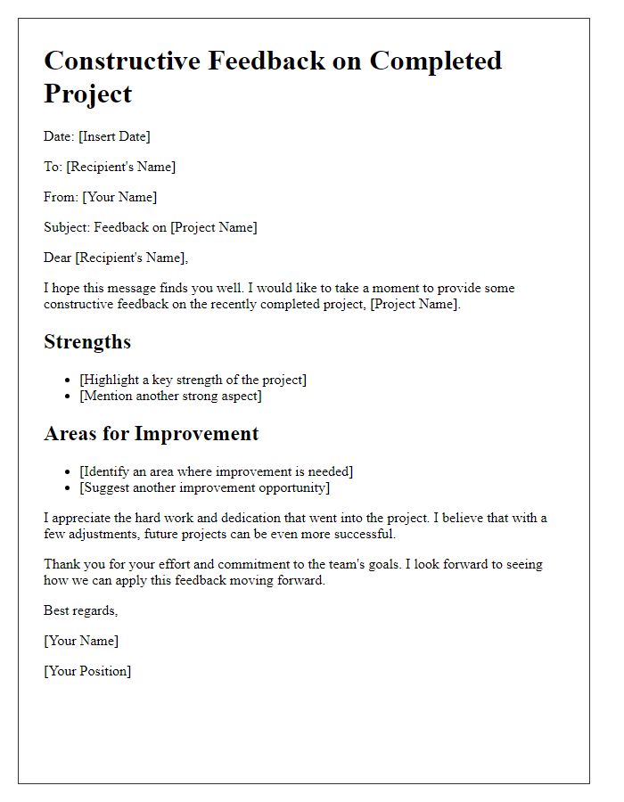 Letter template of constructive feedback on completed project.