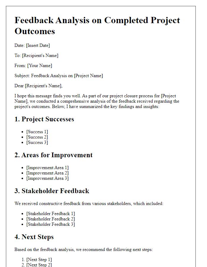 Letter template of feedback analysis on completed project outcomes.