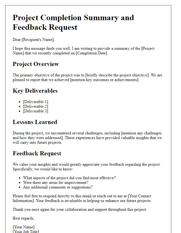 Letter template of summary and feedback request post-project completion.