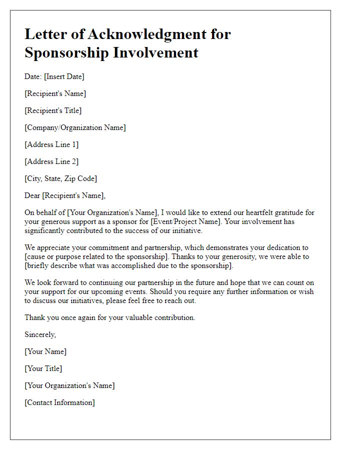 Letter template of acknowledgment for sponsorship involvement