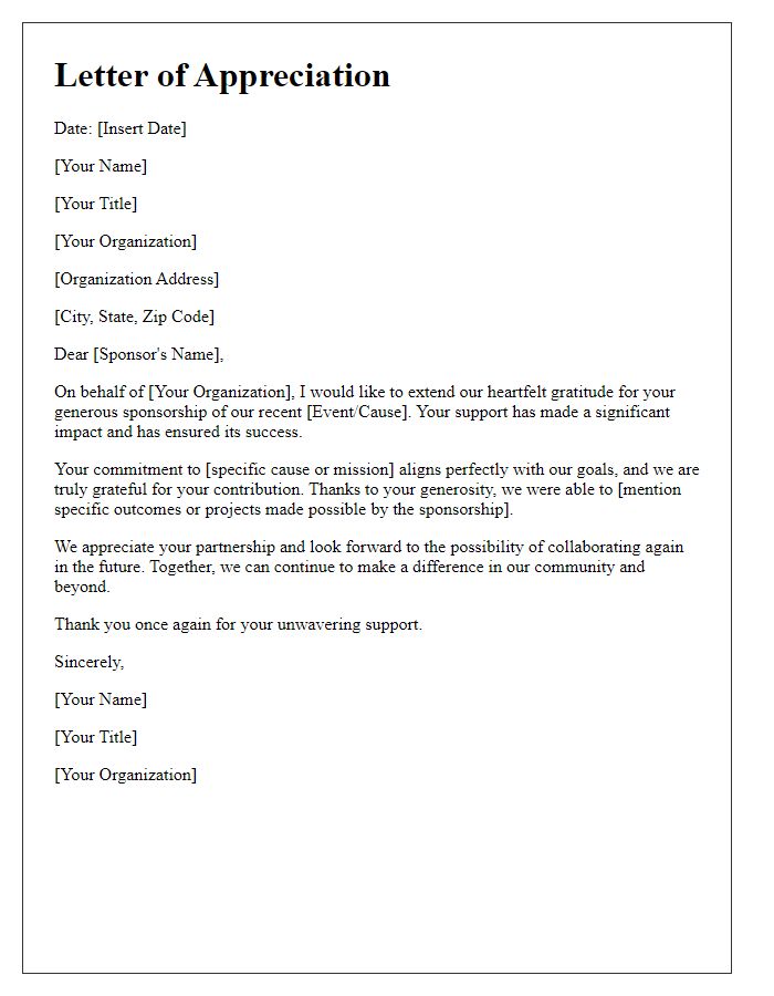 Letter template of deep appreciation for sponsoring our cause