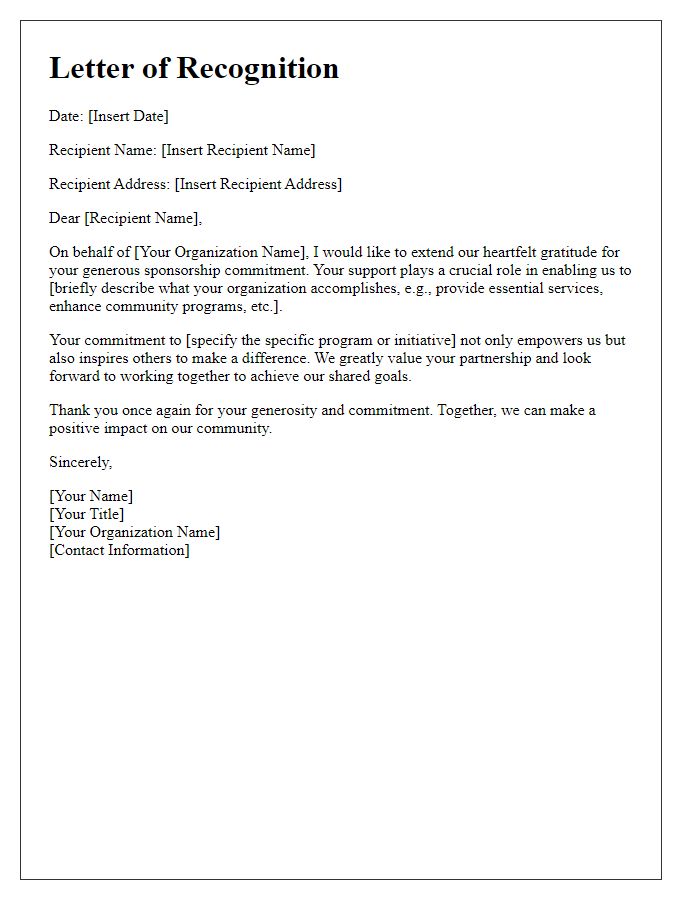 Letter template of recognition for your sponsorship commitment