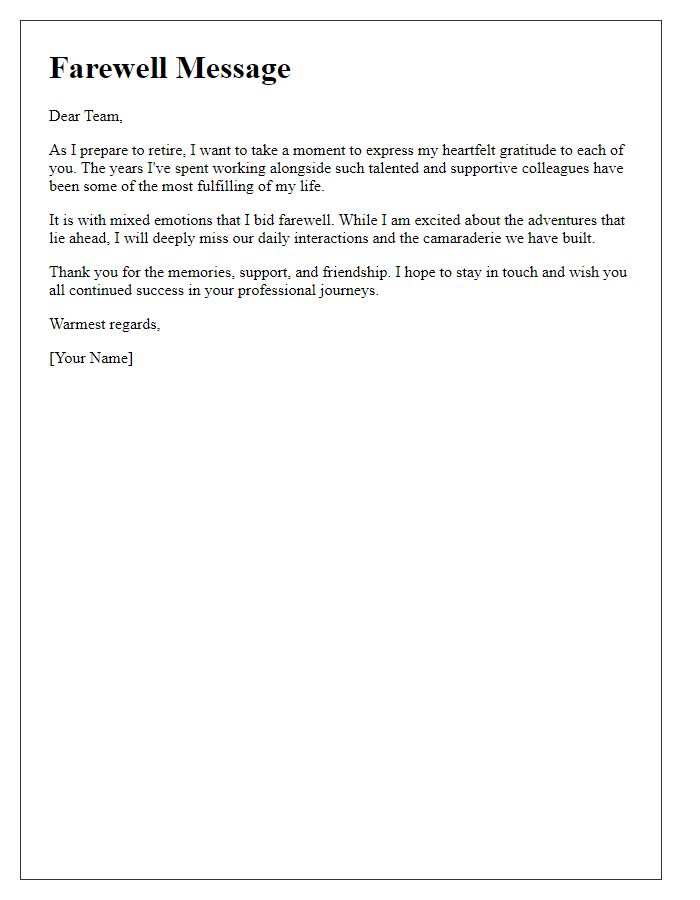 Letter template of farewell message to colleagues on retirement