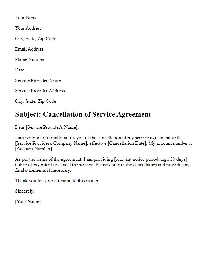 Letter template of cancellation notice for service agreement