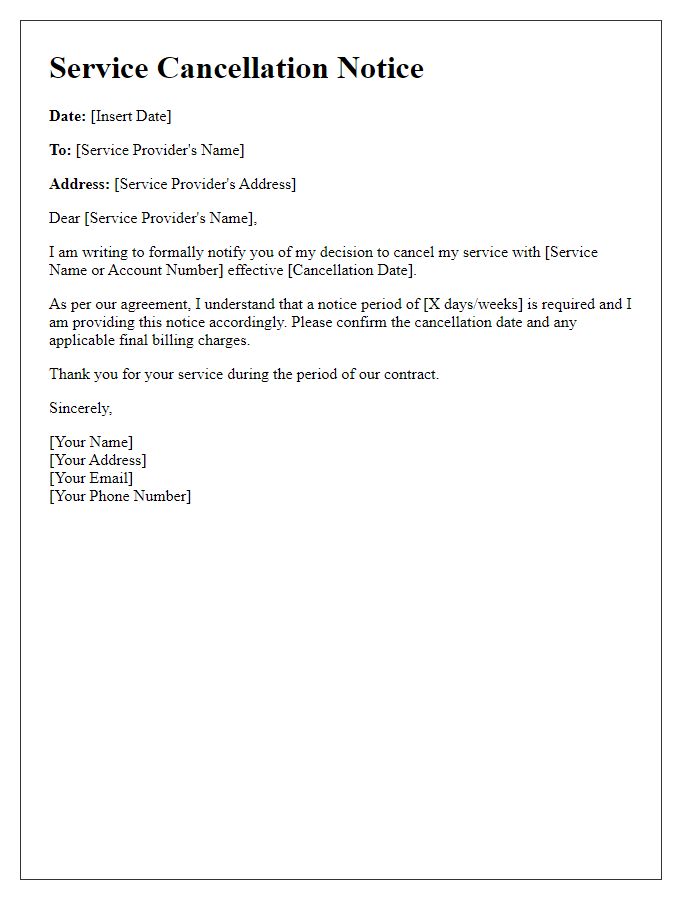 Letter template of notice for service cancellation