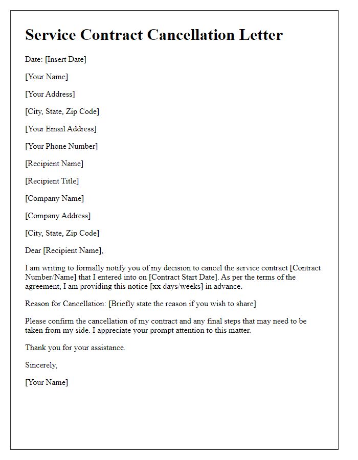 Letter template of service contract cancellation