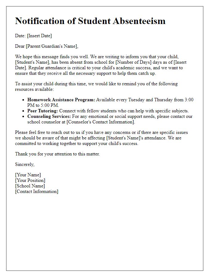 Letter template of student absenteeism parent notification for student support resources.