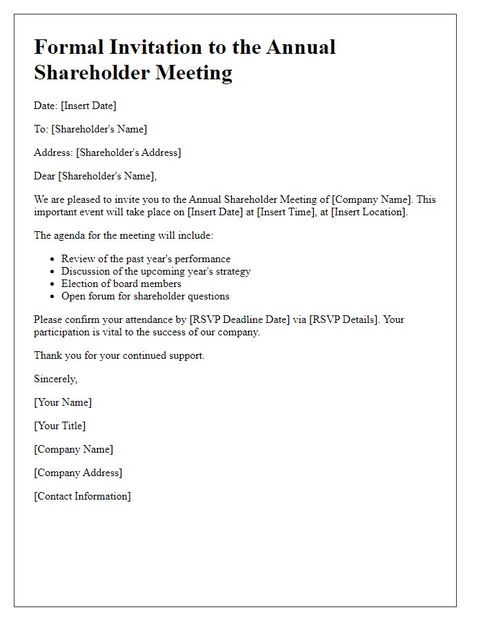 Letter template of formal invitation for annual shareholder meeting.