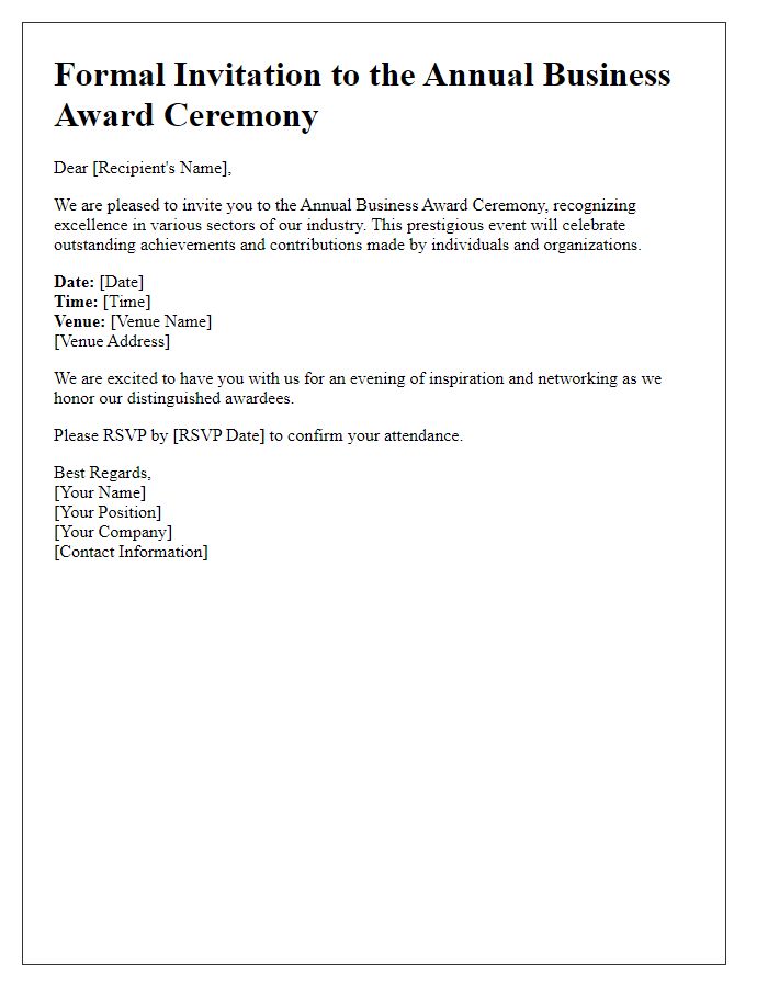 Letter template of formal invitation to business award ceremony.