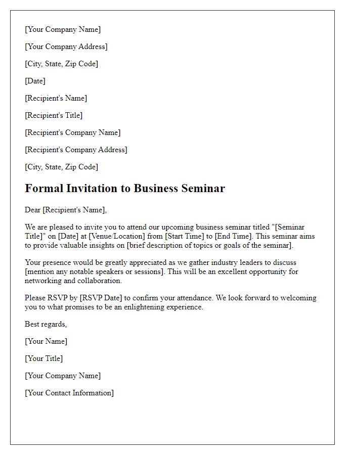 Letter template of formal invitation for business seminar.