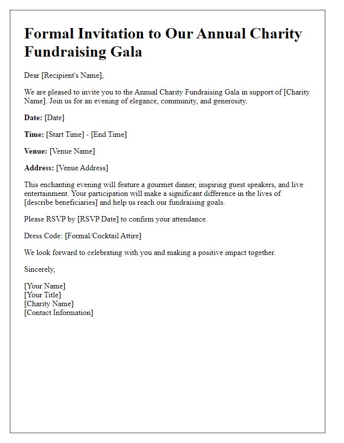 Letter template of formal invitation for a charity fundraising gala.