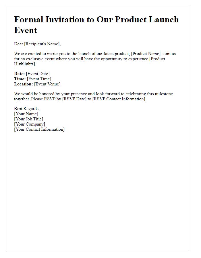 Letter template of formal invitation to product launch event.