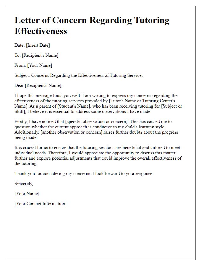 Letter template of concerns over tutoring effectiveness