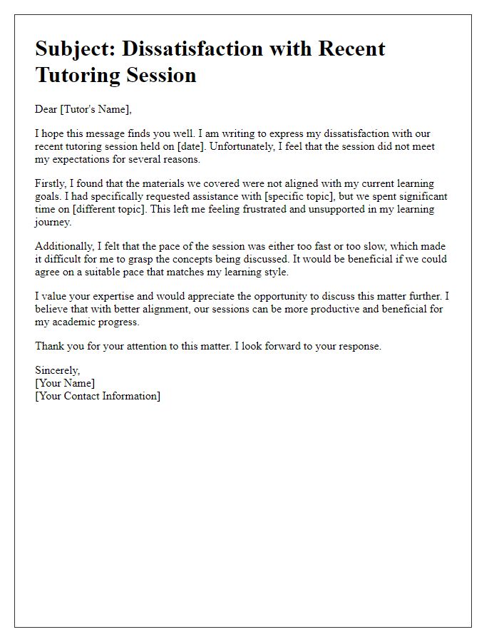 Letter template of dissatisfaction with tutoring session