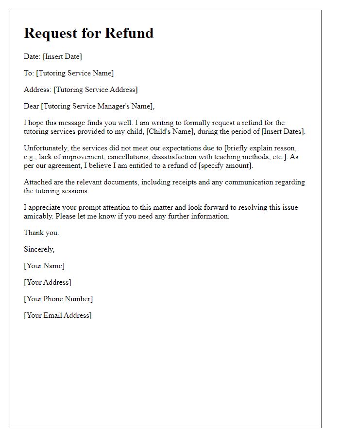 Letter template of request for refund from tutoring service