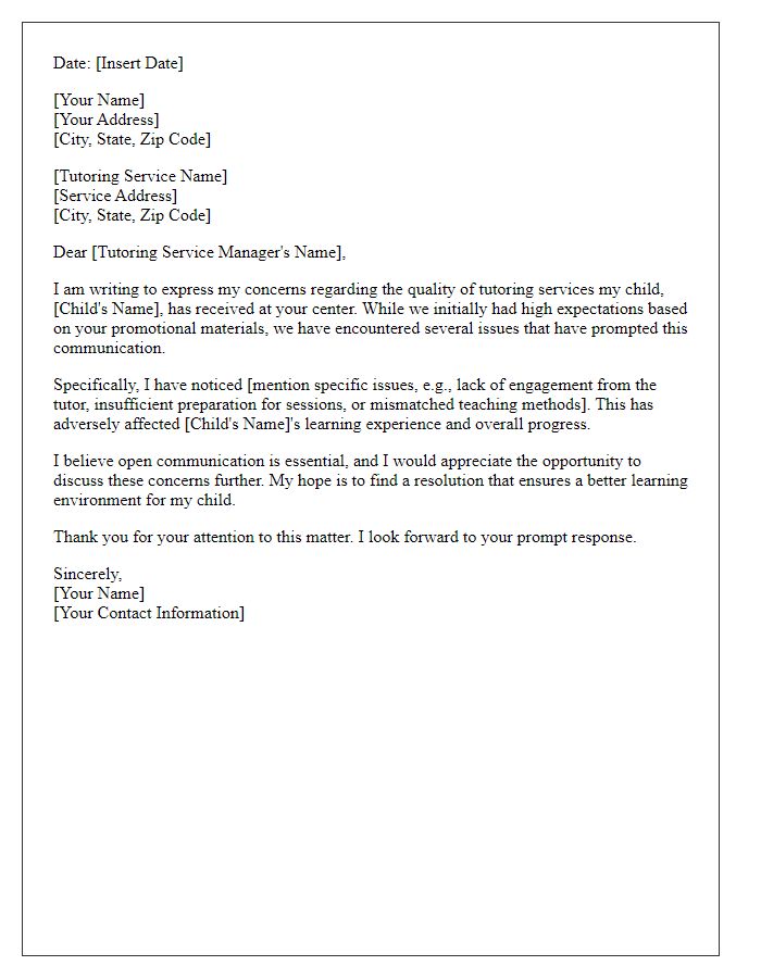 Letter template of tutoring service quality concern