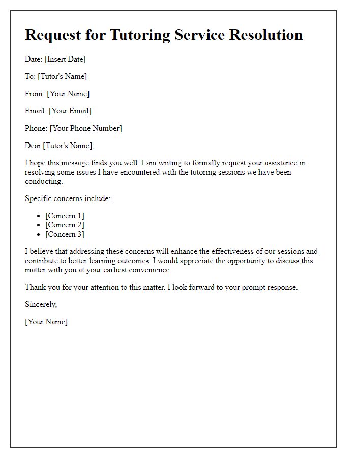 Letter template of tutoring service request for resolution