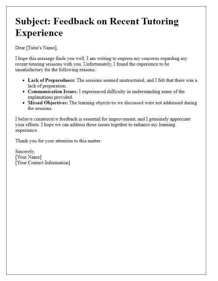 Letter template of unsatisfactory tutoring experience