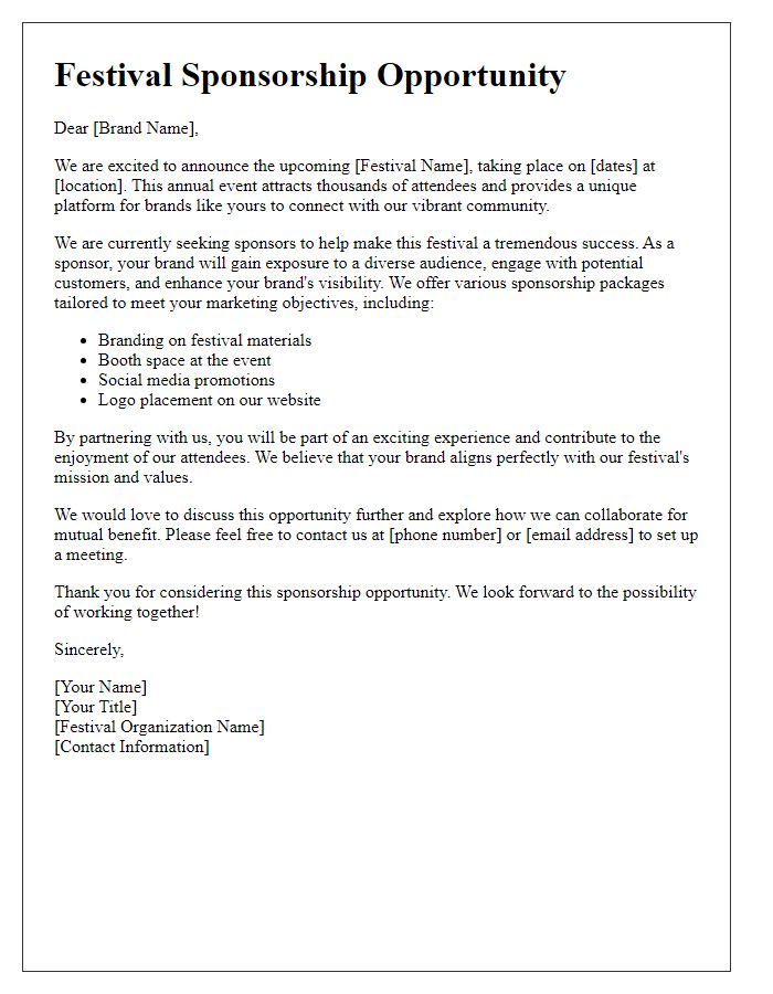 Letter template of festival sponsorship opportunity for brands.