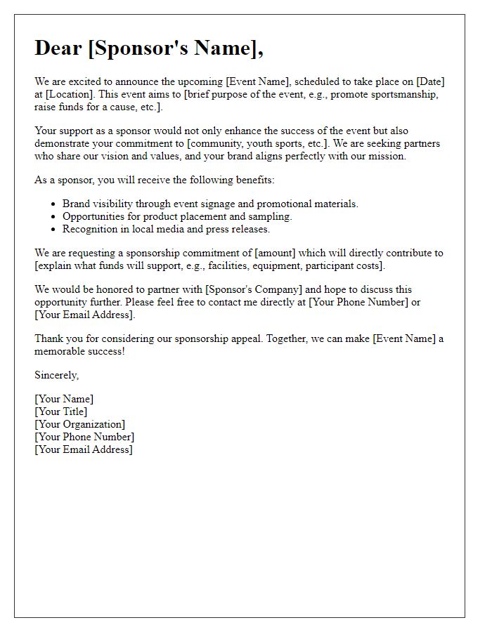 Letter template of sports event sponsorship appeal.