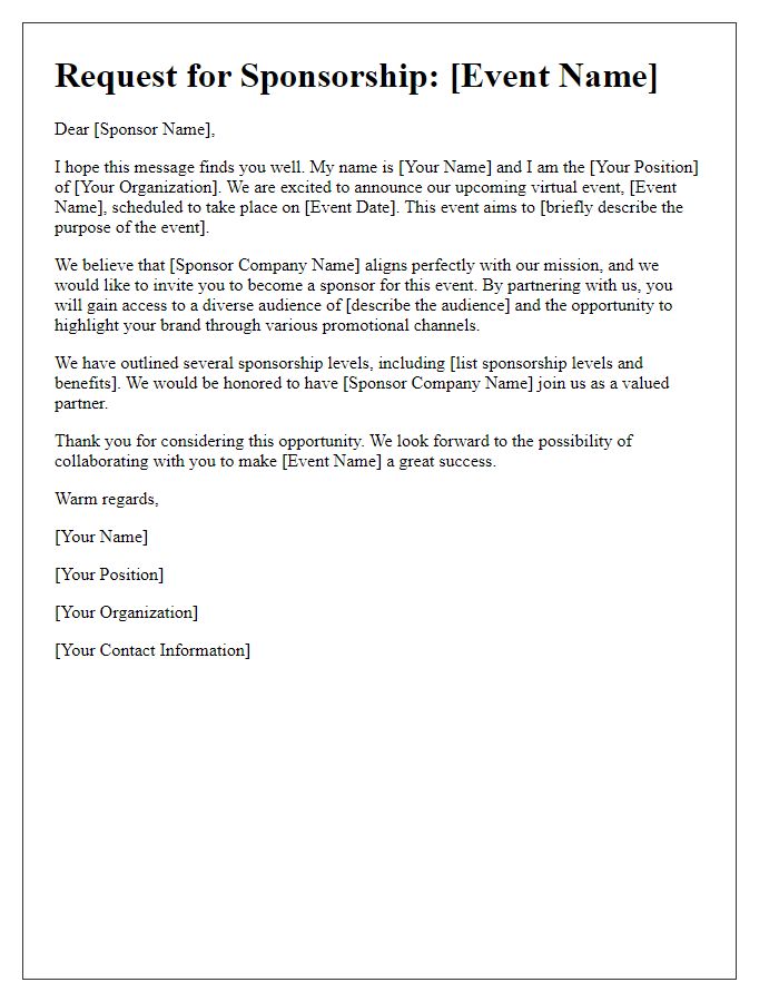 Letter template of virtual event sponsorship request.