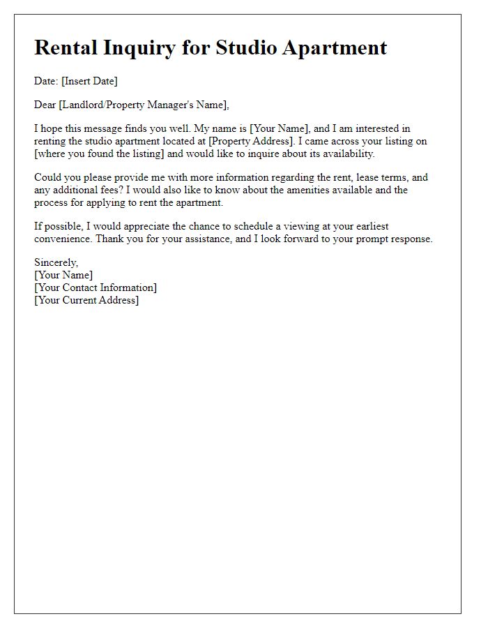 Letter template of rental inquiry for a studio apartment