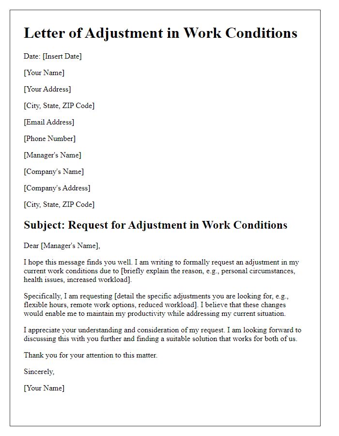 Letter template of adjustment in work conditions