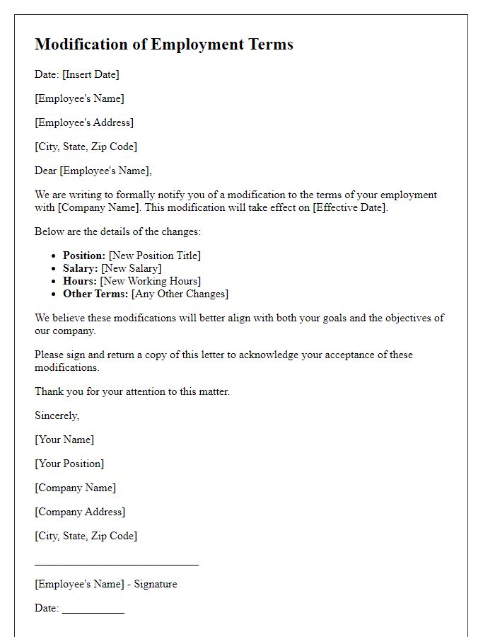 Letter template of modification of employment terms