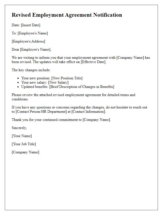 Letter template of revised employment agreement notification