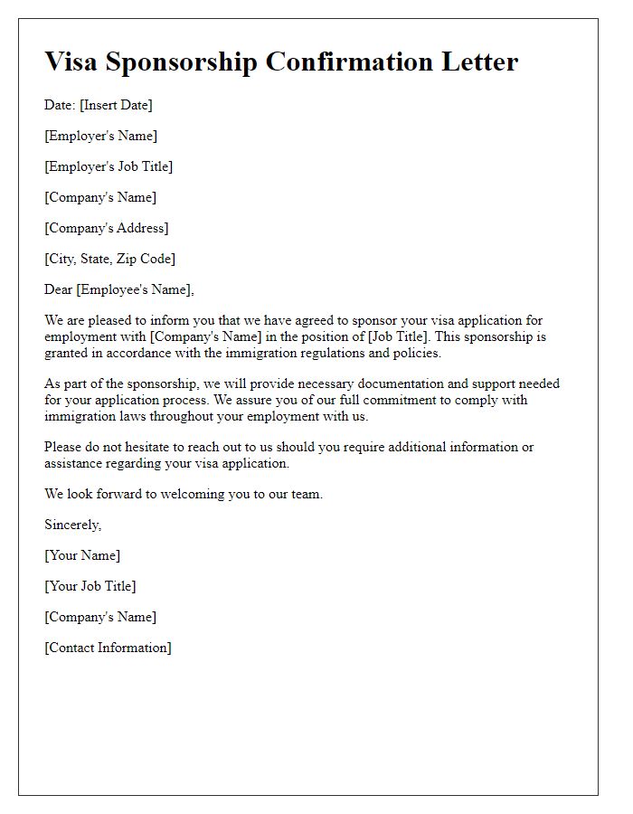 Letter template of confirmation for visa sponsorship by employer