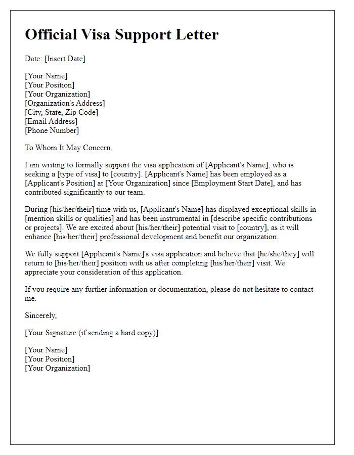 Letter template of official backing for visa application