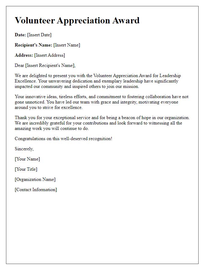 Letter template of Volunteer Appreciation Award for Leadership Excellence