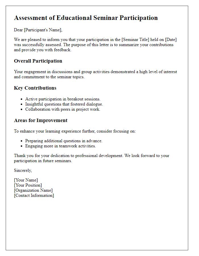 Letter template of assessment on educational seminar participation