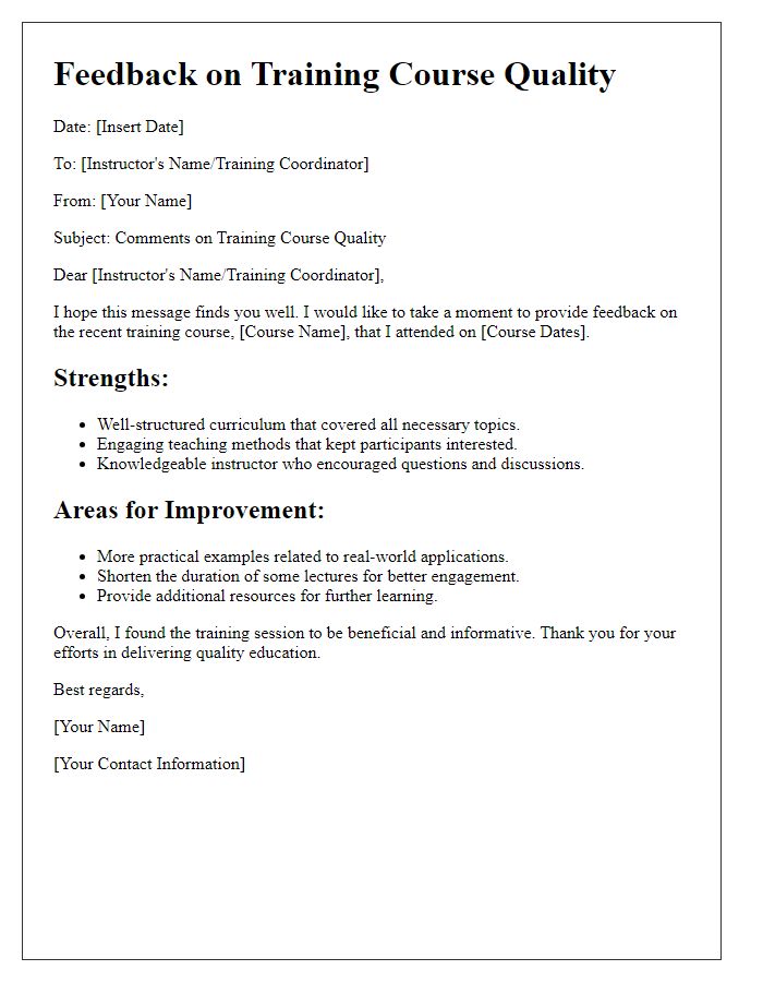 Letter template of comments on training course quality