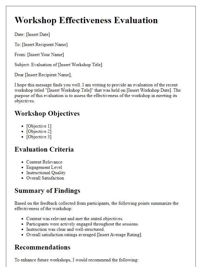 Letter template of evaluation for workshop effectiveness