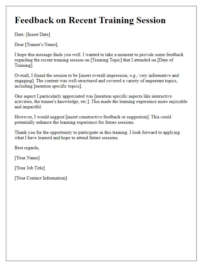 Letter template of feedback regarding recent training session experience