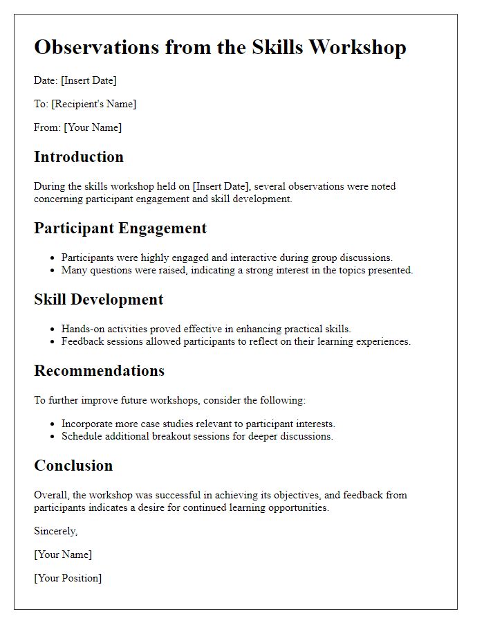 Letter template of observations from the skills workshop