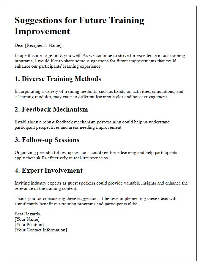 Letter template of suggestions for future training improvement