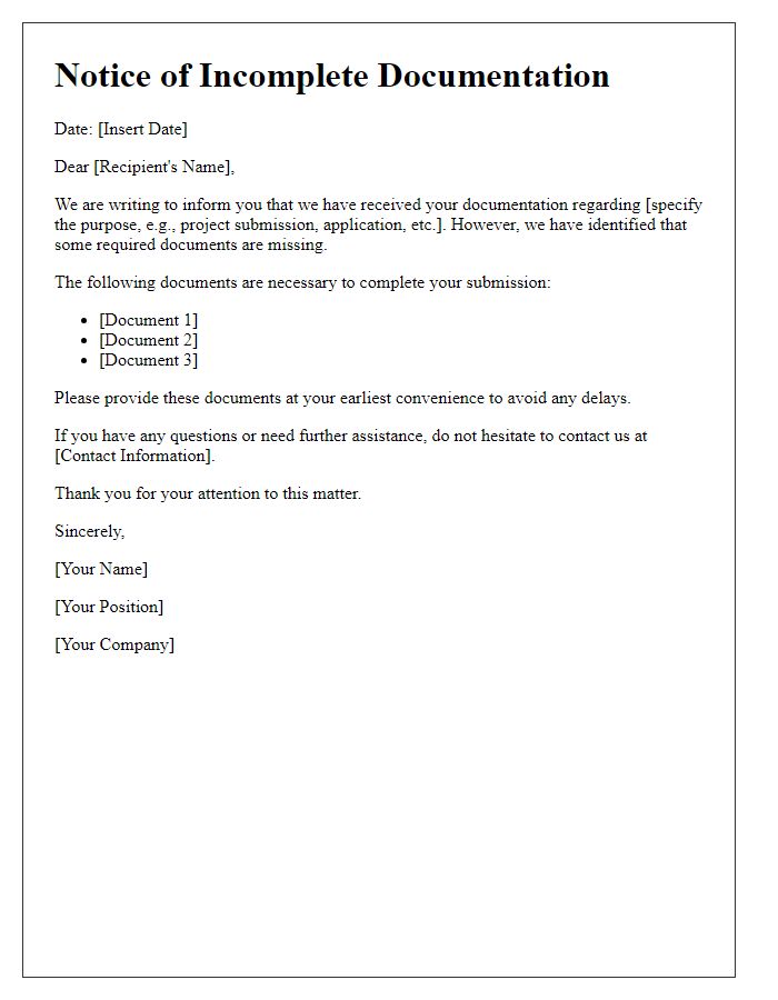 Letter template of incomplete documentation announcement