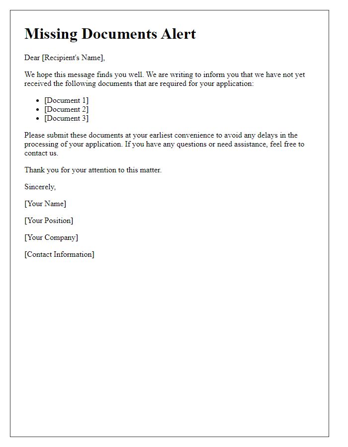 Letter template of missing documents alert