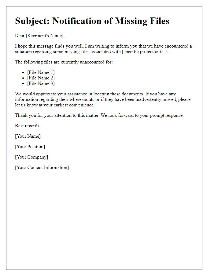 Letter template of missing files communication